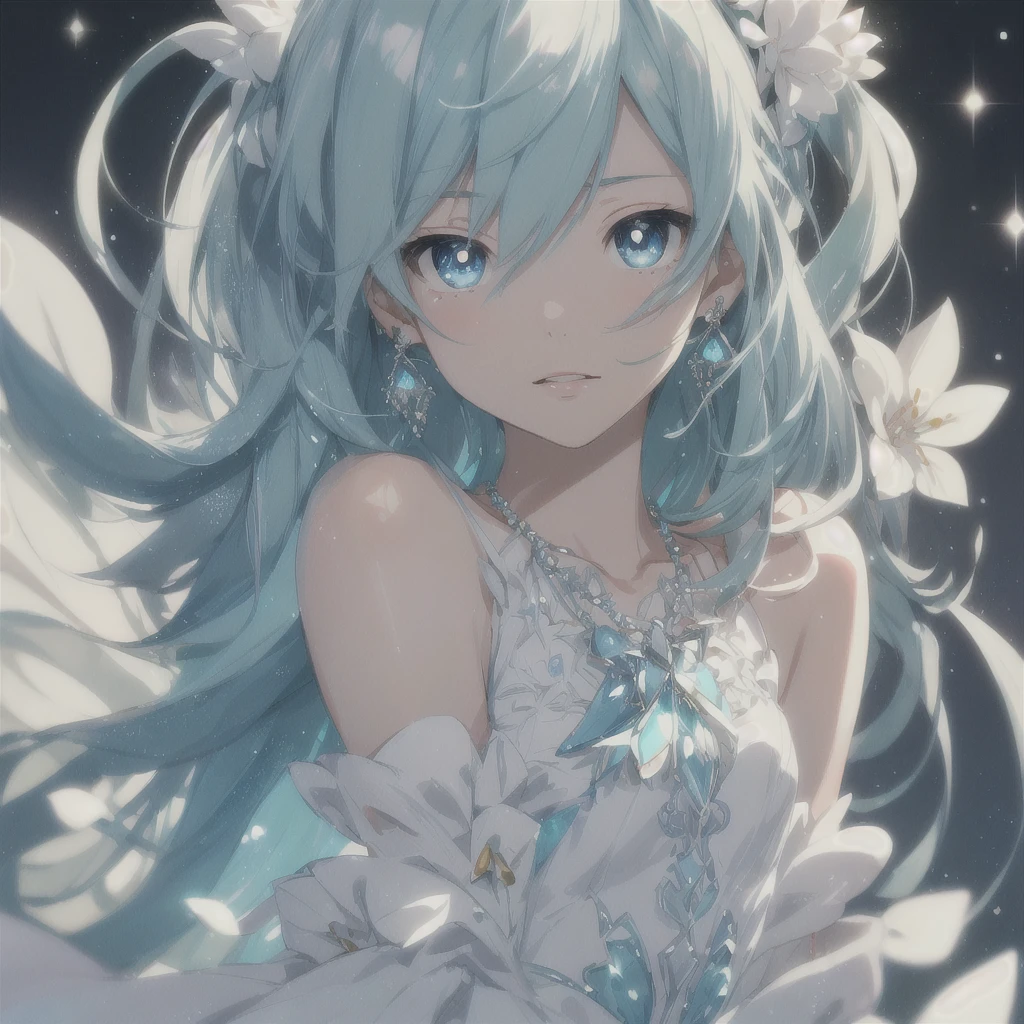 Hstsune miku, masterpiece, best quality, illustration, sax blue, platinum earrings, platinum necklace, white dress, cute, (dynamic lighting:1.2), cinematic lighting, delicate facial features, detailed eyes, sharp pupils, realistic pupils, depth of field, bokeh, sharp focus, (hyper-detailed, bloom, glow:1.4), many small gems