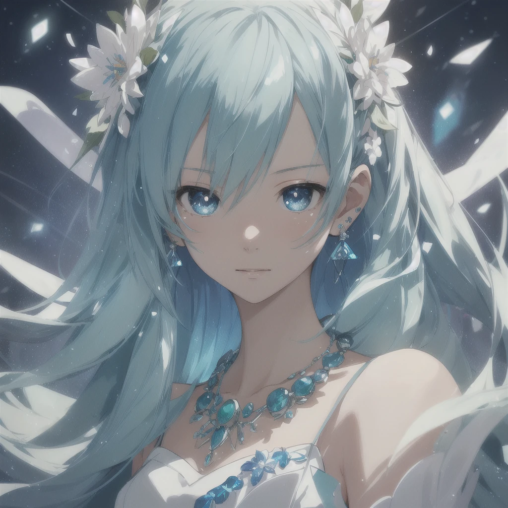 Hstsune miku, masterpiece, best quality, illustration, sax blue, platinum earrings, platinum necklace, white dress, cute, (dynamic lighting:1.2), cinematic lighting, delicate facial features, detailed eyes, sharp pupils, realistic pupils, depth of field, bokeh, sharp focus, (hyper-detailed, bloom, glow:1.4), many small gems