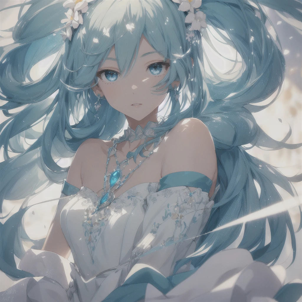 Hstsune miku, masterpiece, best quality, illustration, sax blue, platinum earrings, platinum necklace, white dress, cute, (dynamic lighting:1.2), cinematic lighting, delicate facial features, detailed eyes, sharp pupils, realistic pupils, depth of field, bokeh, sharp focus, (hyper-detailed, bloom, glow:1.4), many small gems