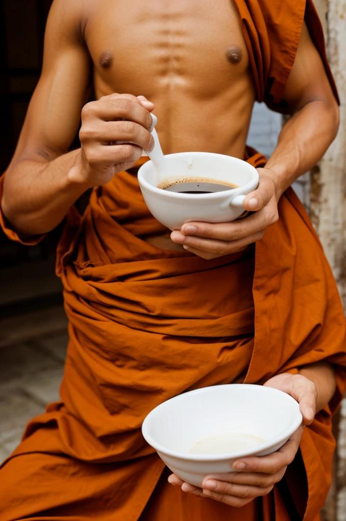 a monk holding on to a cofffe