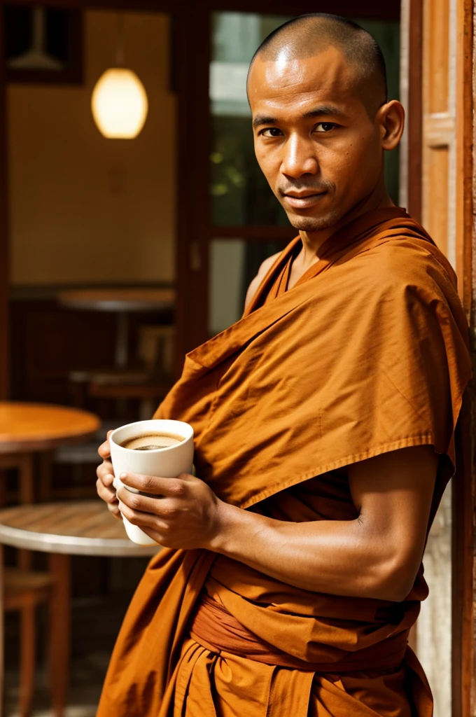 a monk holding on to a cofffe