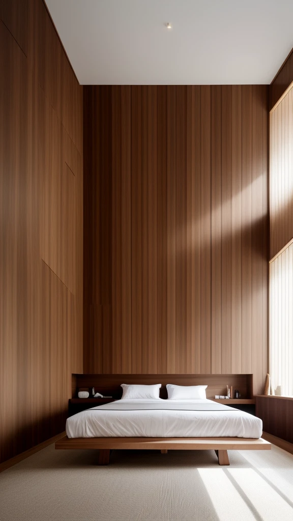 In a digital illustration that draws inspiration from the clean lines of Japanese design, the interior of a contemporary space unfolds. Crafted by renowned architects of Japan, the room showcases a seamless blend of modern aesthetics and the timeless beauty of walnut wood. The influence of Tadao Ando's minimalist architecture is evident in the harmonious balance of form and function. The color palette features neutral tones with subtle pops of natural wood, creating an atmosphere of serene sophistication. The characters in the scene exhibit a sense of appreciation for the balance between nature and modernity. Soft, diffused lighting accentuates the textures, enveloping the room in a calming and inviting glow
