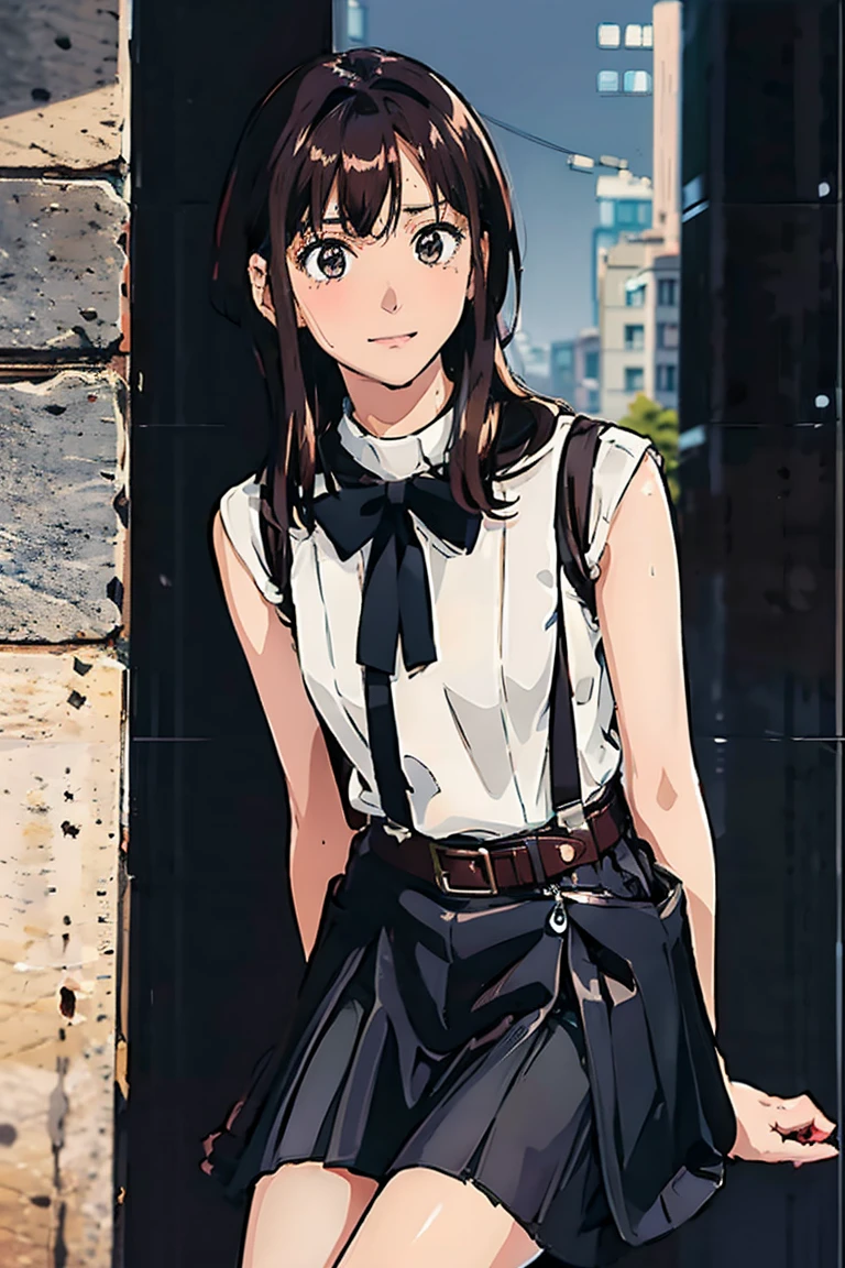 Black Skirt, 　suspenders, Brown hair Gray eyes, 脚にガーターbelt, Tight black clothes, 　　 belt　Armpit sweat　　Bright expression　Moderate bust　holster　Put your hands behind your back、Double Exposure 、Expressing the city with multiple exposures,sit