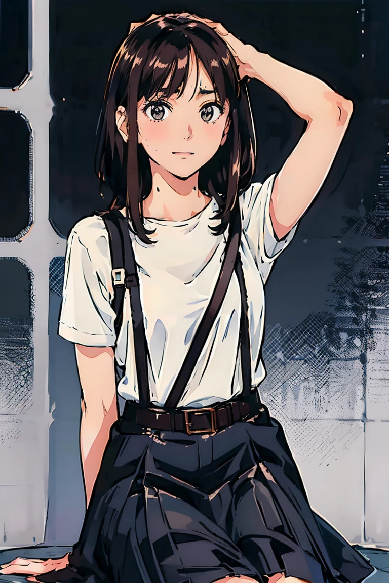 Black Skirt, suspenders, Brown hair Gray eyes, 脚にガーターbelt, Tight black clothes, belt Armpit sweat Bright expression Moderate bust holster Put your hands behind your back、Double Exposure 、Expressing the city with multiple exposures,sit