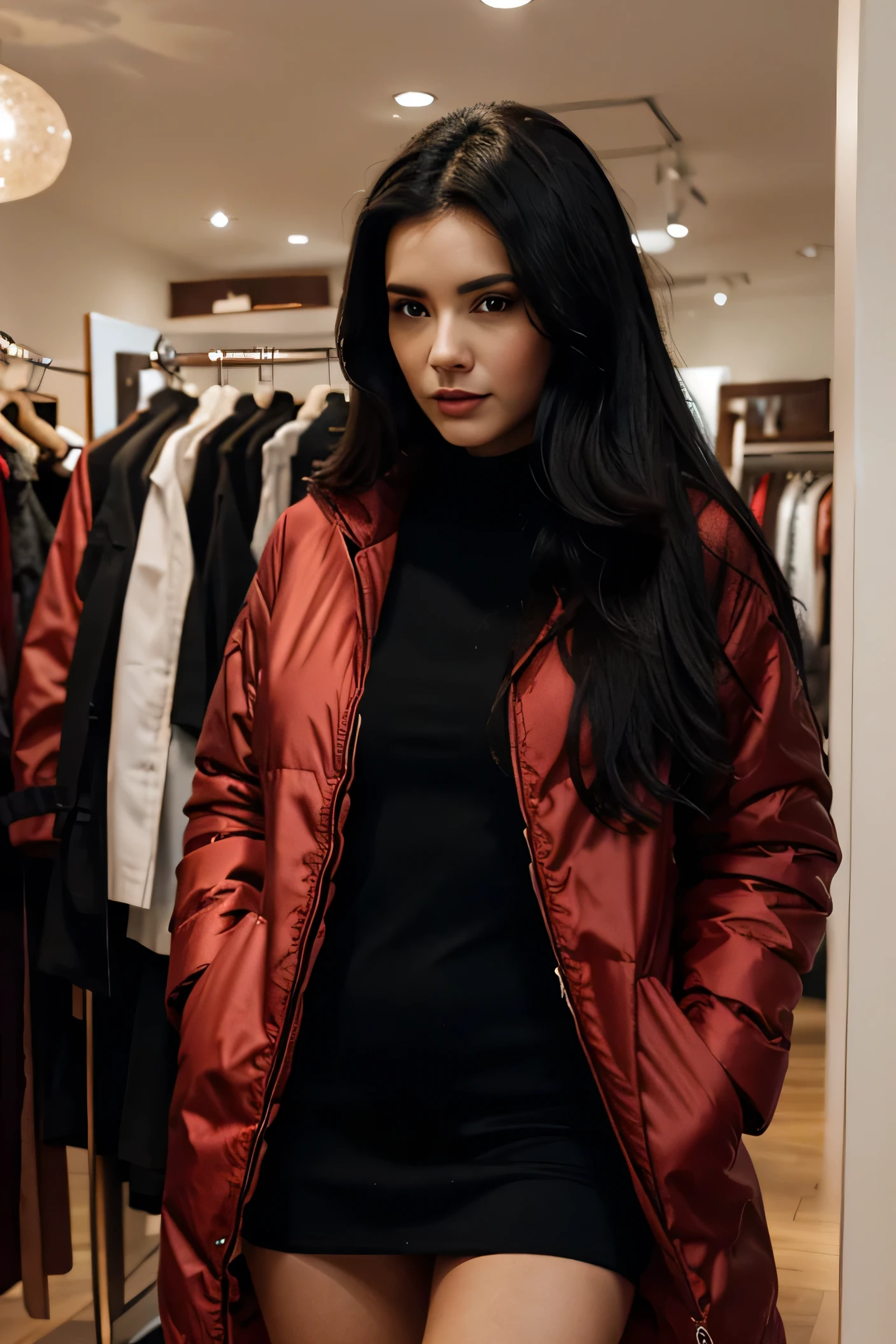 woman, black hair, red dress, with long stuffed jacket, in a boutique, looking at camera