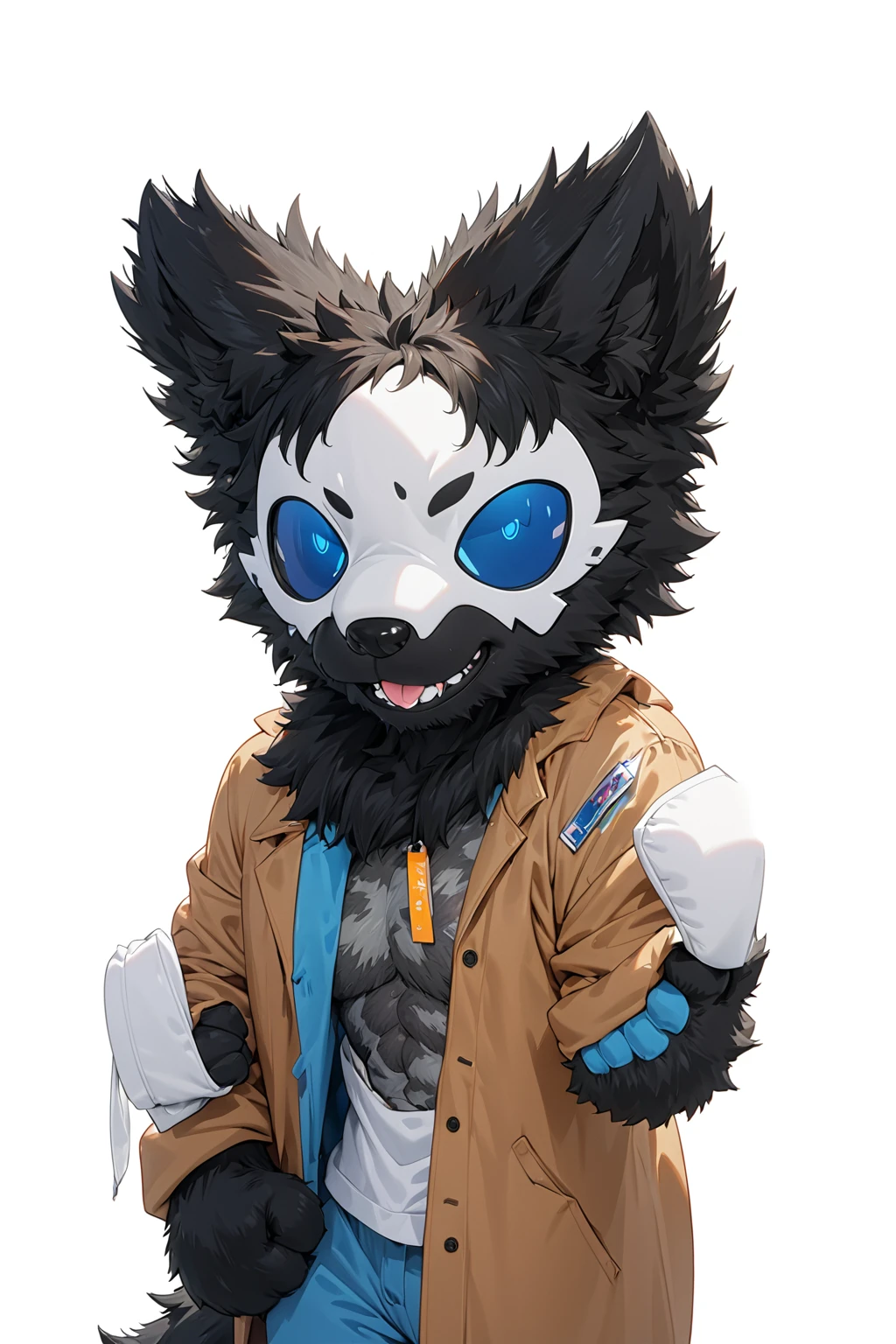 Black hair, Dark Skin, White Mask ,furry,make a fist, Pink tongue, Black nose, Black broken corner, fur garment, fur garment!!!!, hairy character, Full body mascot, hyena, SFW, macro hairy, hairy fursona, hairy, the hairy fur garment is running, Anthropomorphic coyote male, An anthropomorphic cyberpunk fox, hairy mawshot, hairy furaffinity, 8K, super detail, uhd, masterpiece, anatomically correct, ccurate, super detail, high details, high quality, best quality, highres, 16K