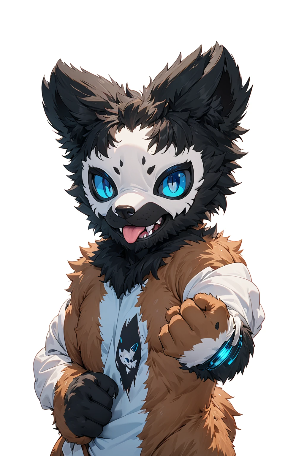 Black hair, Dark Skin, White Mask ,furry,make a fist, Pink tongue, Black nose, Black broken corner, fur garment, fur garment!!!!, hairy character, Full body mascot, hyena, SFW, macro hairy, hairy fursona, hairy, the hairy fur garment is running, Anthropomorphic coyote male, An anthropomorphic cyberpunk fox, hairy mawshot, hairy furaffinity, 8K, super detail, uhd, masterpiece, anatomically correct, ccurate, super detail, high details, high quality, best quality, highres, 16K