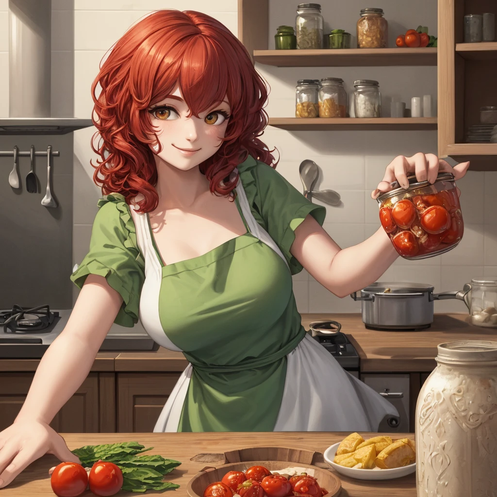 (masterpiece, Best quality, A high resolution, ultra quality), extremely detailed, realistic, complex parts, portrait at the table, Shot at eye level, beautiful 27 year old European, With natural ???????, in a white T-shirt , in a green apron , curly red hair, in cooking, cooking in the kitchen, smiling. ((holding a jar of pickled tomatoes)). Correct hands and fingers.