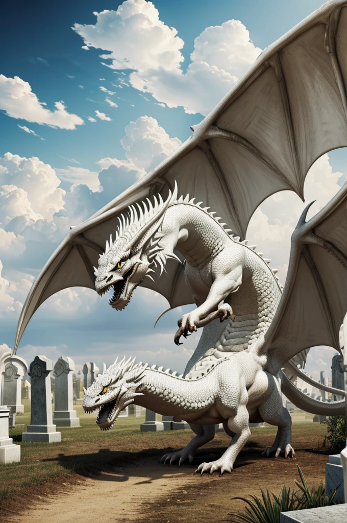 (best quality,4k,highres,masterpiece:1.2),ultra-detailed,(realistic:1.37),white atmosphere,tomb,white dragon emerging from the earth,vector art,detailed,fangs,wings,fire,earth,day,cemetery