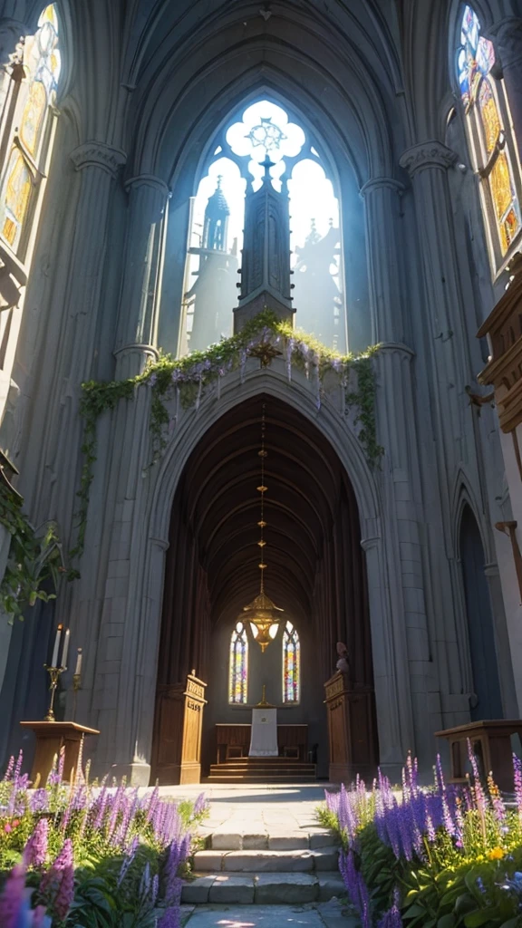 Medieval church with bell, in a valley of flowers overlooking the sea. Sunset with rays of light and shadow in harmony. Mystic.