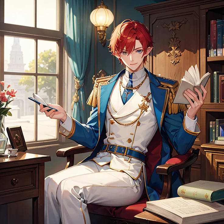 masterpiece, best quality, detailed, Very detailed best high quality image, very detailed background, very detailed solo character
{1ElfBoy: cute male, red short hair, short elf ears purple eyes, slender male body, handsome naive and clumsy appearance, beautiful male with naive face, pacifist demeanor, peaceful smile (His Clothing: blue danish styled noble prince uniform with rich silver details, white noble pants, red leather shoes),
Moment: He is sitting on a wooden chair, reading at a library, holding a book while reading
Scenery: modern library full of paper books, a large desk while a its a bit messy desk with handbooks, notebooks, a cup of tea, pens, pencils}