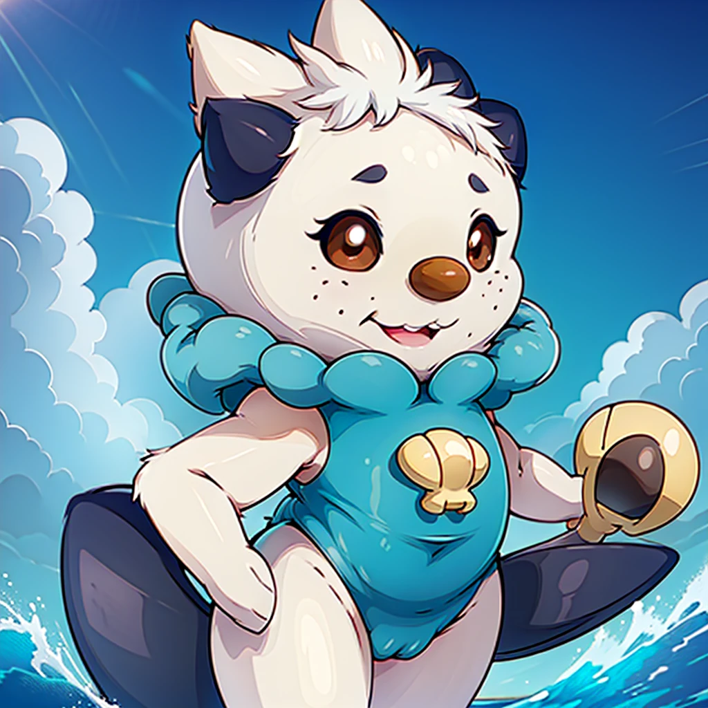 oshawott,no humans, furry, chibi, black eyes, solo, seashell, body fur, (best quality), beach background, detailed fluffy fur, looking at viewer, whiskers, smile, nose, (tail:1.1),