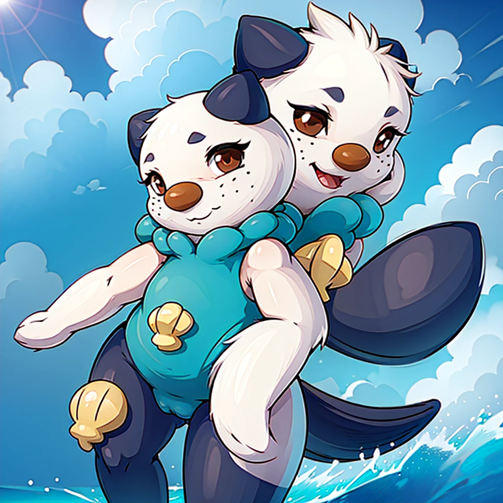 oshawott,no humans, furry, chibi, black eyes, solo, seashell, body fur, (best quality), beach background, detailed fluffy fur, looking at viewer, whiskers, smile, nose, (tail:1.1),
