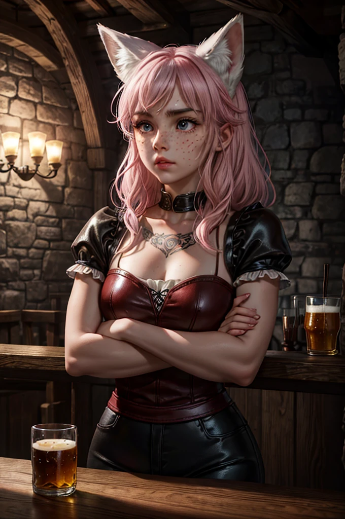 Seated at table slouching with head resting on her crossed arms resting on the table. Front view exhausted fatigued looking beautiful athletic white 22 year old woman-fox hybrid. Big pink and white fox ears on head. Soft round face with dimples. Looks weary and tired glazed over look staring into the distance. Very messy unkempt long white hair with pink highlights messy bangs in center of face. Tattoos on her arms. A handled brown mug with beer foam on top in front of her and a full shot glass of whiskey and three empty shot glasses next to her. Closing big bright sparkling almond shaped illuminated violet colored eyes. arched furrowed eyebrows. Small upturned nose with high cheekbones with freckles on face. Small pouty soft pink lips with mouth open slightly. Wearing small black and red top. Black and red leather pants. Scene is a rustic Celtic bar daylight with candelabras lit attached to stone wall in background. Vines growing on walls.