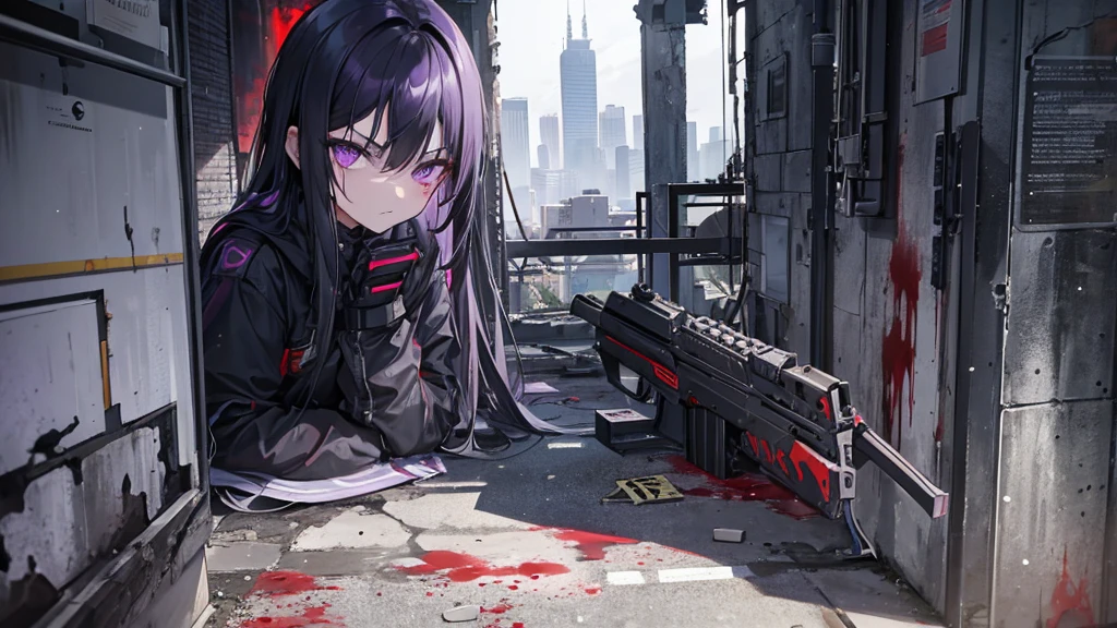 1girl, black long hair, purple eyes, glaring at viewer, wearing tactical gear, urban ruins, absurdres, high res, ultrasharp, 8K, masterpiece, on face, grime on face, bloodace, grime on face, mature looking, full body, tall