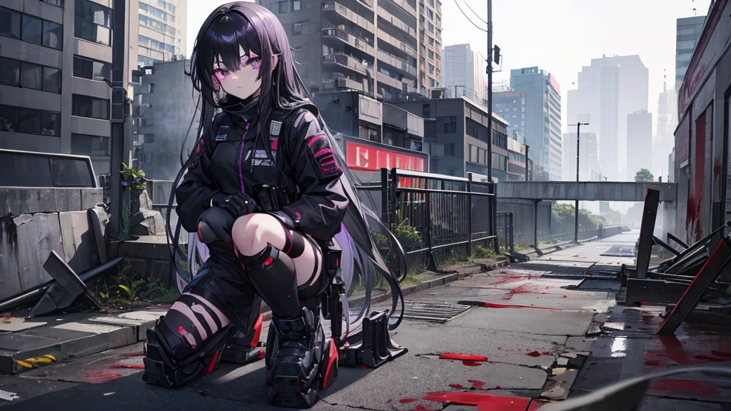 1girl, black long hair, purple eyes, glaring at viewer, wearing tactical gear, urban ruins, absurdres, high res, ultrasharp, 8K, masterpiece, blood on face, grime on face, blood on face, grime on face, mature looking, full body, tall