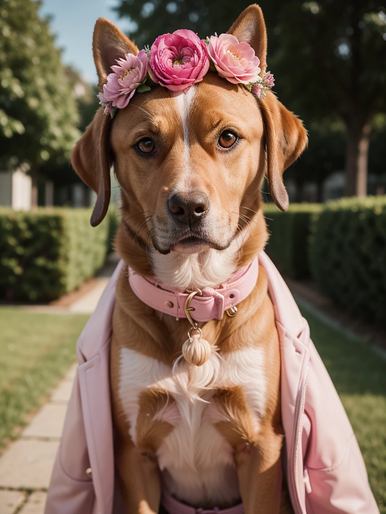 photo portrait,  a dog wearing a pink coat and a pink hat with a flower on it's head and a pink coat with a pink collar , Annabel Kidston, professional photo, a character portrait, kitsch movement, pastel colors, non-human