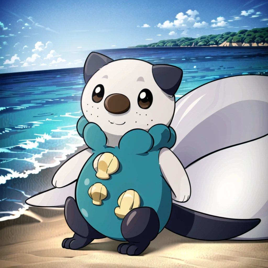 oshawott,no humans, furry, chibi, black eyes, solo, seashell, body fur, (best quality), beach background, detailed fluffy fur, looking at viewer, whiskers, smile, nose, (tail:1.1),