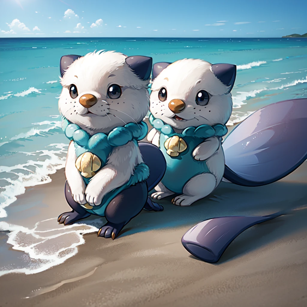 oshawott,no humans, furry, chibi, black eyes, solo, seashell, body fur, (best quality), beach background, detailed fluffy fur, looking at viewer, whiskers, smile, nose, (tail:1.1),