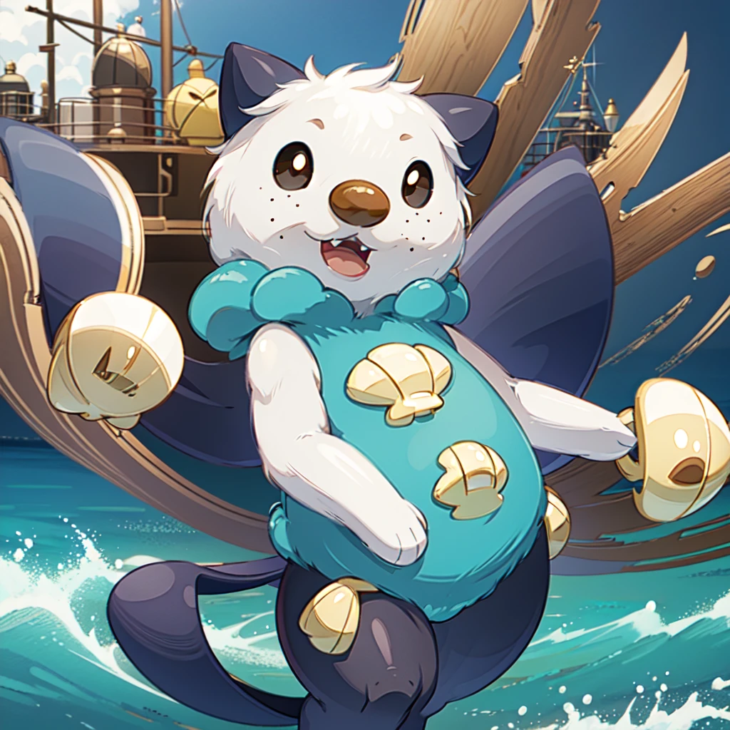 oshawott,no humans, furry, chibi, black eyes, solo, seashell, body fur, (best quality), beach background, detailed fluffy fur, looking at viewer, whiskers, smile, nose, (tail:1.1),