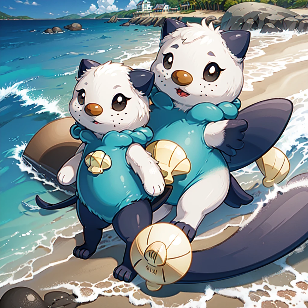 oshawott,no humans, furry, chibi, black eyes, solo, seashell, body fur, (best quality), beach background, detailed fluffy fur, looking at viewer, whiskers, smile, nose, (tail:1.1),
