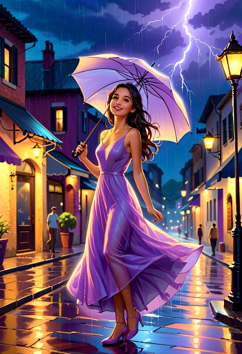 A beautiful young fair girl long dark brown hair who is dressed in a long gown pastel lavender dress and low-heeled shoes enjoying rain in a rainy night throw aopen umbrella in sky in joyous mood street lamp lights were lightening animate drawing