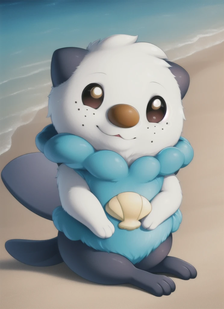 oshawott, furry, chibi, black eyes, solo, seashell, body fur, (best quality), beach background, detailed fluffy fur, looking at viewer, whiskers, smile, nose, (tail:1.1), 