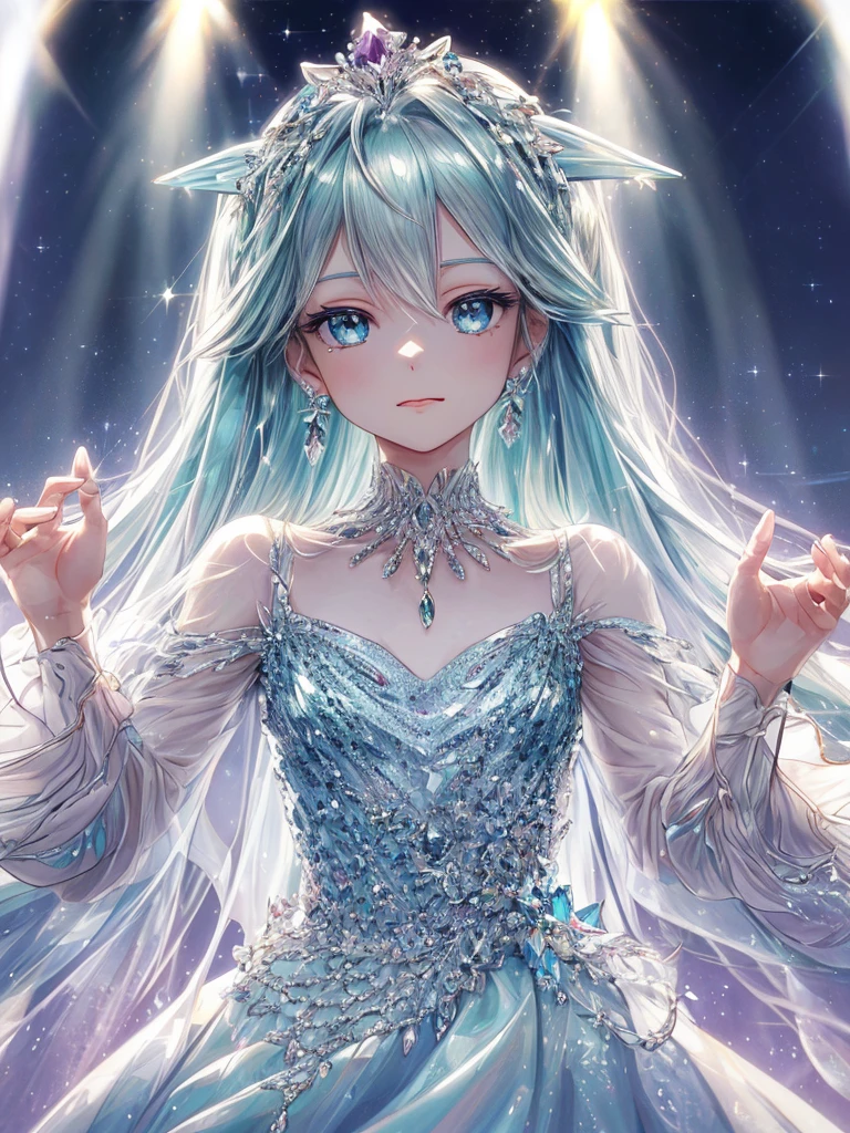 masterpiece, highest quality, figure, alexandrite eyes and hair, platinum earrings, Platinum Necklace, white dress, The Little Mermaid, cute, (dynamic lighting:1.2), cinematic lighting, delicate features, fine eyes, sharp pupils, realistic student, Depth of bounds written, Bokeh, sharp focus, (very detailed, bloom, shine:1.4), Many Small Gems, hatsune miku, showing the tongue