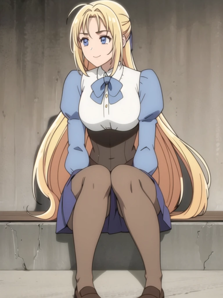 ((Best quality))), ((Ultra-detailed)), ((illustration)), ((Disheveled hair)), ((frilld)), (1 girl), (Solo),1girl, brick_wall, flower, looking_at_viewer, solo, rating:safe, bangs, black_bow, black_footwear, black_gloves, blonde_hair, blue_bow, blue_eyes, blue_shirt, blue_skirt, blunt_bangs, boots, bow, brown_legwear, brown_pantyhose, closed_mouth, clothing, corset, dress_shirt, eyebrows_visible_through_hair, female, footwear, gloves, knee_boots, legwear, long_hair, long_sleeves, miniskirt, pantyhose, shirt, sitting, skirt, smile, straight_hair, very_long_hair, blurry