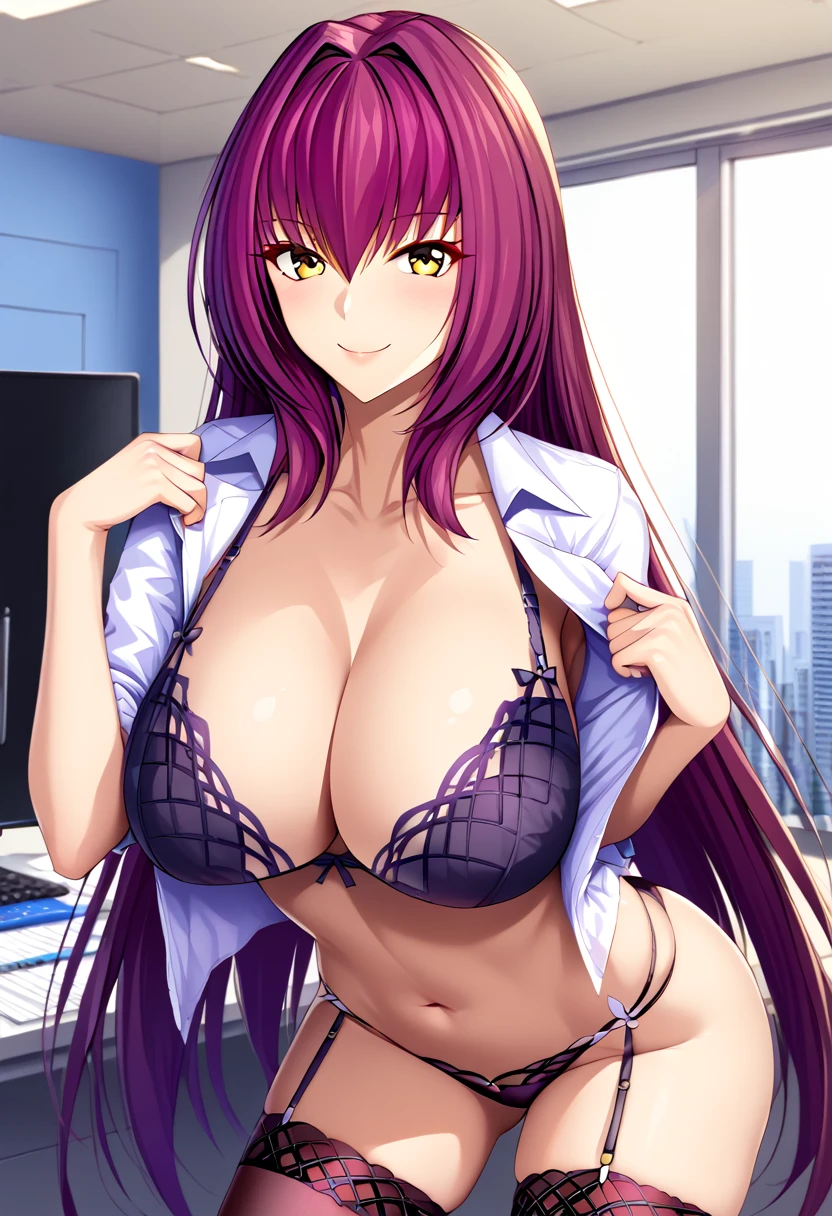 (high quality), black lingerie lace bra, thight stockings, mischievous smile, light blush, looking at viewer, huge breasts, precise hands, sexy pose, scathach, long hair, red hair, (yellow eyes:1.5), white blouse, open blouse, navel, black miniskirt, black thong, thight stockings, detailed office in the background