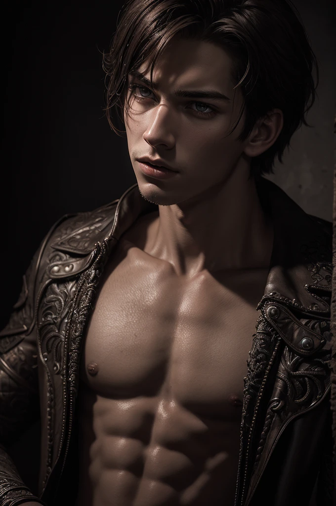 hyper-realistic 18 year old male with devil-like features,  , detailed facial features, intricate textures, dramatic lighting, dark fantasy atmosphere, chiaroscuro, cinematic composition, masterpiece