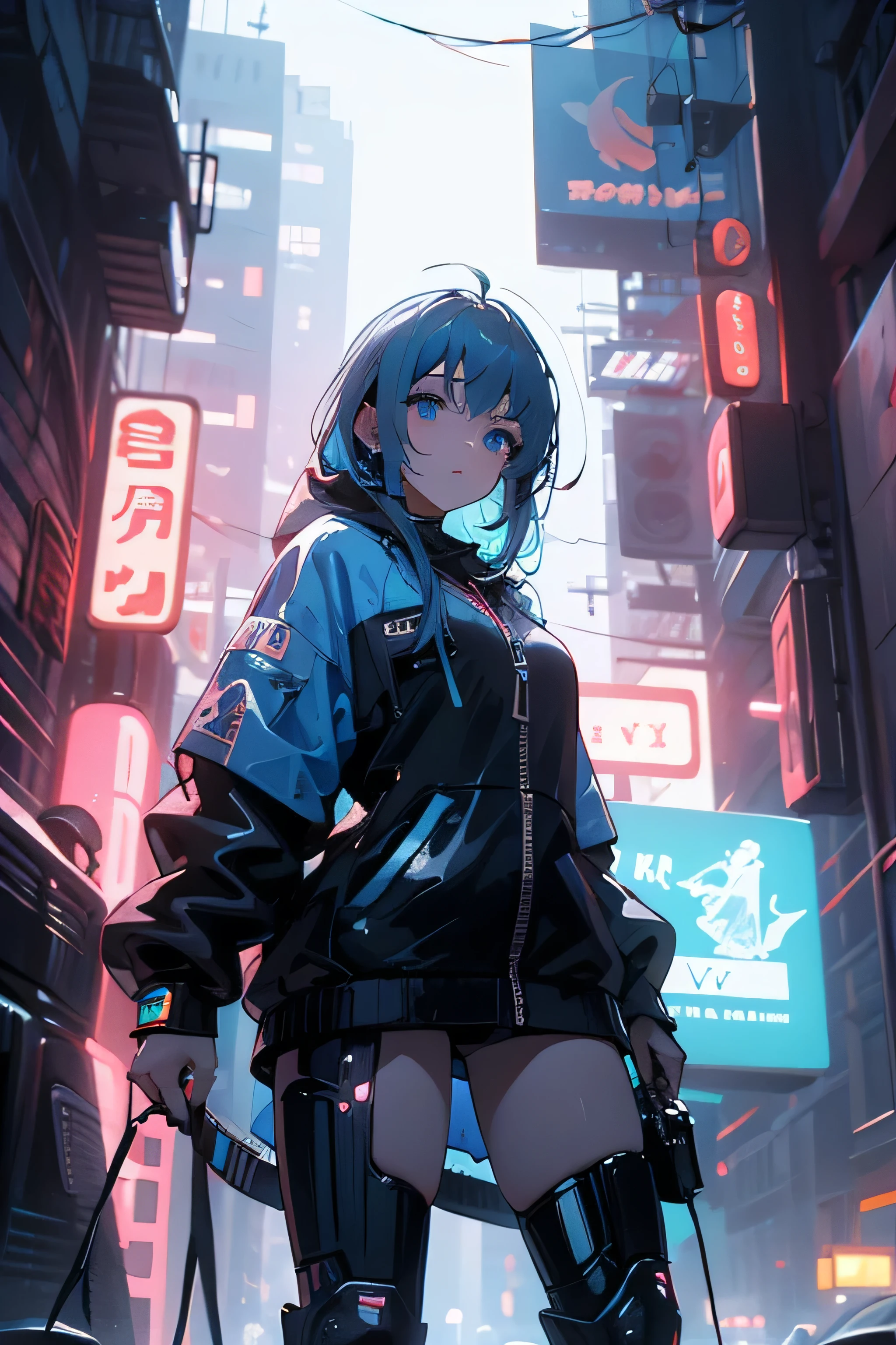 (masterpiece), (Highest quality), Ultra-high resolution, Sharp focus, ((1 female, alone)), whole body, Cyberpunk Theme, Beautiful detailed hair, Light blue hair, long hair hangs down, Beautifully detailed face, ((Beautifully shaped eyes, blue eyes)), Perfect feminine face, View your audience, Feminine navy blue patent leather cyberpunk outfit,refined armor, Brightly colored city neon lights, (At night:1.2)