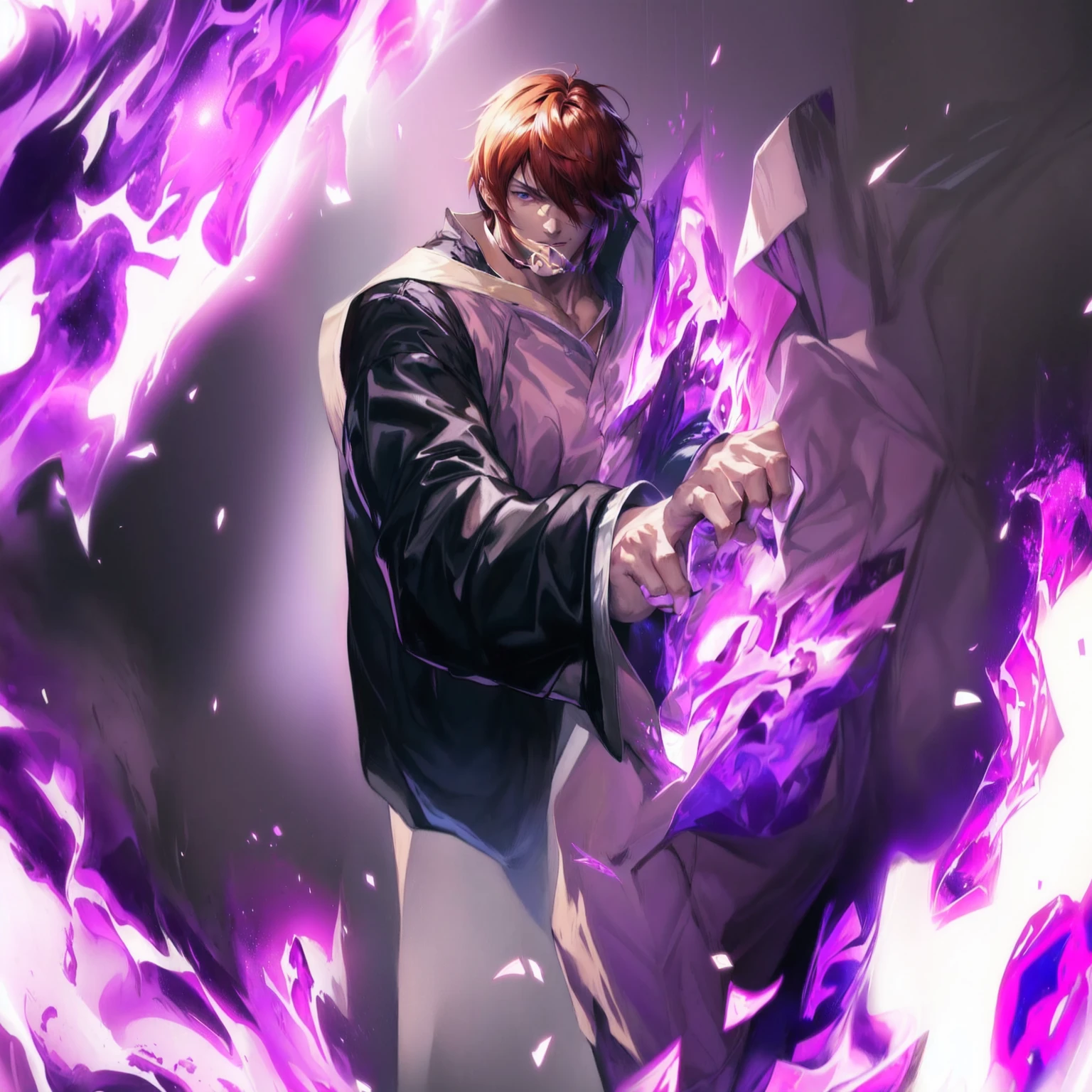 anime, anime, anime art, guy, purple, fire, guy with purple fire, king of fighters style, character from king of fighters, yagami light, as a character in tekken, light yagami, baki style, epic anime style, by Daryush Shokof, fighting game character, shigenori soejima illustration