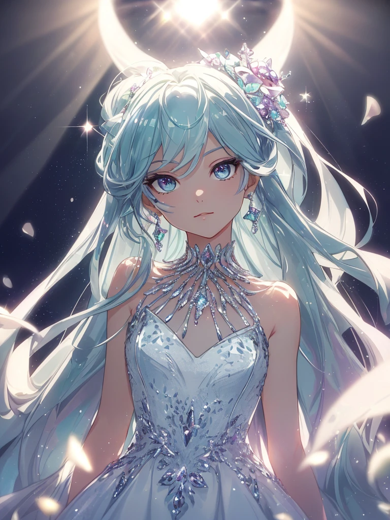 masterpiece, highest quality, figure, alexandrite eyes and hair, platinum earrings, Platinum Necklace, white dress, The Little Mermaid, cute, (dynamic lighting:1.2), cinematic lighting, delicate features, fine eyes, sharp pupils, realistic student, Depth of bounds written, Bokeh, sharp focus, (very detailed, bloom, shine:1.4), Many Small Gems, hatsune miku