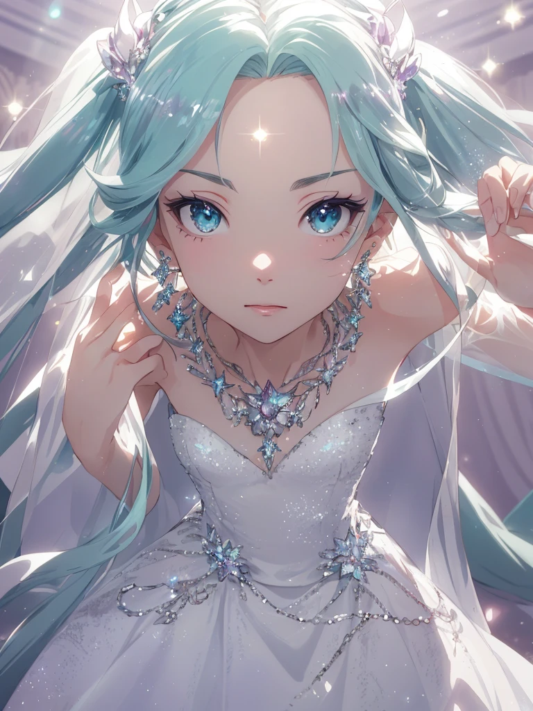 masterpiece, highest quality, figure, alexandrite eyes and hair, platinum earrings, Platinum Necklace, white dress, The Little Mermaid, cute, (dynamic lighting:1.2), cinematic lighting, delicate features, fine eyes, sharp pupils, realistic student, Depth of bounds written, Bokeh, sharp focus, (very detailed, bloom, shine:1.4), Many Small Gems, hatsune miku