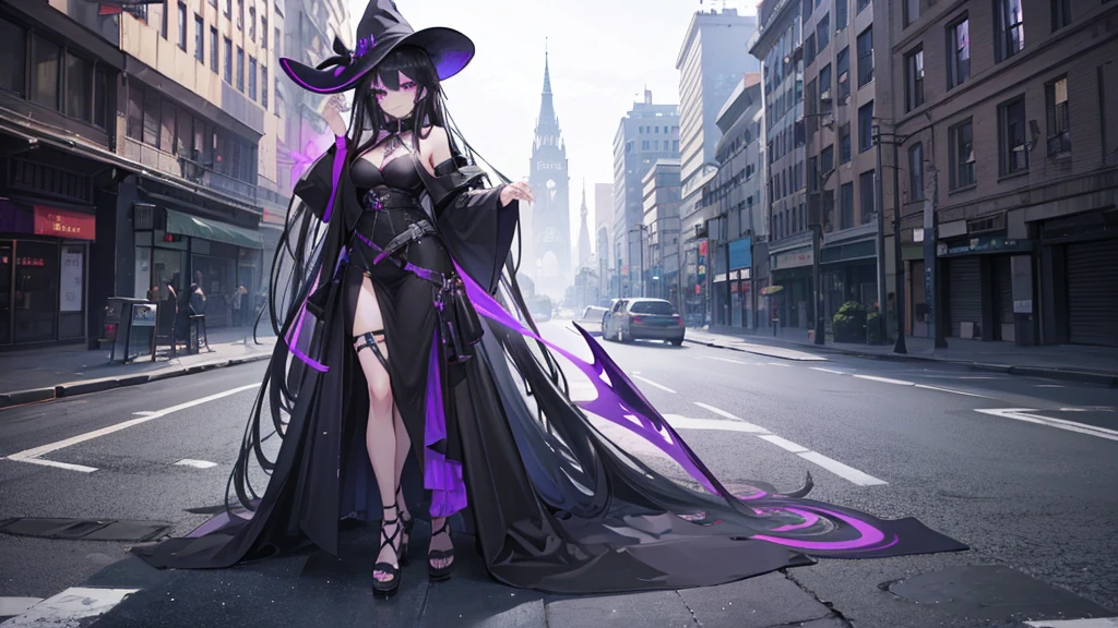 1girl, black long hair, purple eyes, glaring at viewer, witch, urban ruins, absurdres, high res, ultrasharp, 8K, masterpiece, mature looking, full body