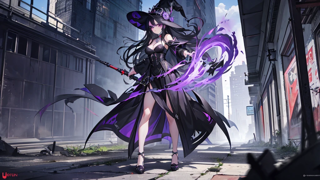 1girl, black long hair, purple eyes, glaring at viewer, witch, urban ruins, absurdres, high res, ultrasharp, 8K, masterpiece, mature looking, full body