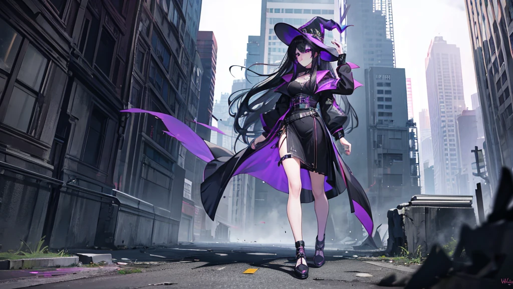 1girl, black long hair, purple eyes, glaring at viewer, witch, urban ruins, absurdres, high res, ultrasharp, 8K, masterpiece, mature looking, full body