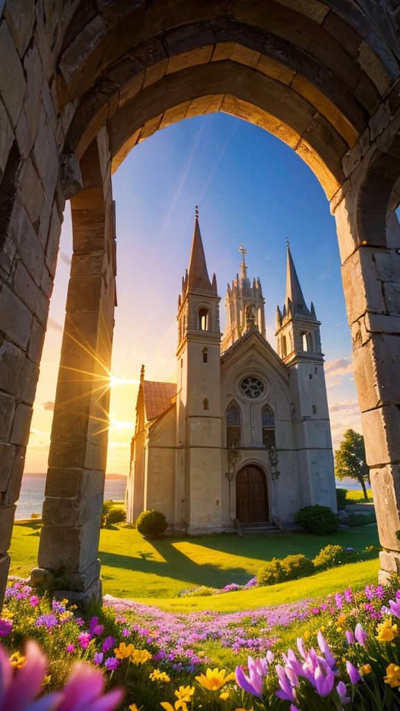 Medieval church with bell, in a valley of flowers overlooking the sea. Sunset with rays of light and shadow in harmony. Mystic.