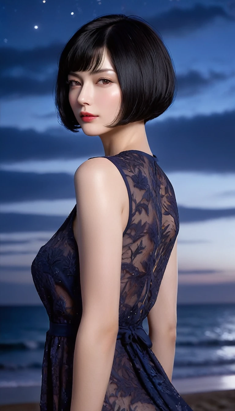 4K resolution, 8K resolution, beautiful, Highest quality, Absolutely wonderful, Very detailed, Ultra-high resolution, masterpiece, RAW Photos, Realistic, Depth of written boundary, Cinematic Light,
One sexy mature woman,
Black bob cut short hair, 精巧なディテールのbeautiful顔, A calm and loving face, Transparent white skin, Very sensitive skin, Great proportions, Glamorous Body, Anatomically correct body,
Resort Dresses, Summery design, Beautifully detailed pattern, Detailed cloth texture,
Night sky background, Dark sandy beach at night,