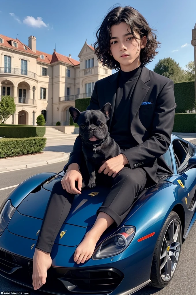 An 11-year-old dark-haired boy with wavy hair sits on top of a Ferrari in front of a mansion wearing a blue Gucci outfit holding $10,000 next to a black French bulldog
