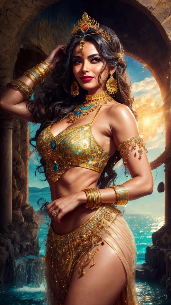 Full body pose, Latina, 40 years old Daisy Marie, 34dd's naturals, round firm butt, as a Egyptian Queen goddess with golden trimmed see-through body hugging skin-tight white dress, body silhouette seen under and ornated with Egyptian Royalty jewelry, masterpiece, best quality, highly detailed, official art extremely detailed CG unity 8k wallpaper, 8k resolution, absurdres, full body, female, queen, goddess, idol, solo, makihitsuji, short eyebrows, V v-shaped eyebrows, gradient_eyes, tsurime, heart-shaped mouth, lipstick, 2D blush stickers, blush, jitome, naughty face, nose blush, smug, thinking, seductive smile, smirk, grin, hair over shoulder, long hair, hair between eye, braided bangs, blunt bangs, shiny hair, hair behind ear, crescent hair ornament, hair flower, hair rings, bracelet, drop earrings, puppet rings, sapphire brooch, jewelry, necklace, bangle, pendant, stud earrings, sunburst, hoop earrings, gauntlets, arm strap, skirt lift, lace trim, spaghetti strap, armlet, nail polish, make up, stain glass, mosaic background, colourful glass, ceiling window, water vapor, city, temple, stadium, fountain, standing, arched back, head tilt, leaning forward, hand on own stomach, hand to mouth, looking to the side, dramatic angle, stare, look at viewer, cocked eyebrow, castle, swimming pool, tunnel, in summer, sun, sky, meteor shower, hills, on a desert, plateau, cliff, canyon, oasis, waterfall, stream