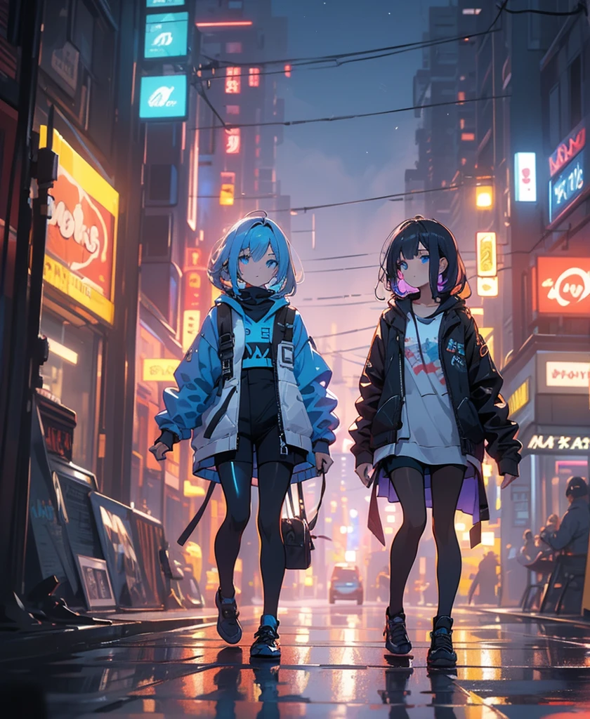 (masterpiece), (Highest quality), Ultra-high resolution, Sharp focus, ((1 female, alone)), whole body, Cyberpunk Theme, Beautiful detailed hair, Light blue hair, long hair hangs down, Beautifully detailed face, ((Beautifully shaped eyes, blue eyes)), Perfect feminine face, View your audience, Feminine navy blue patent leather cyberpunk outfit,refined armor, Brightly colored city neon lights, (At night:1.2),Large backpack