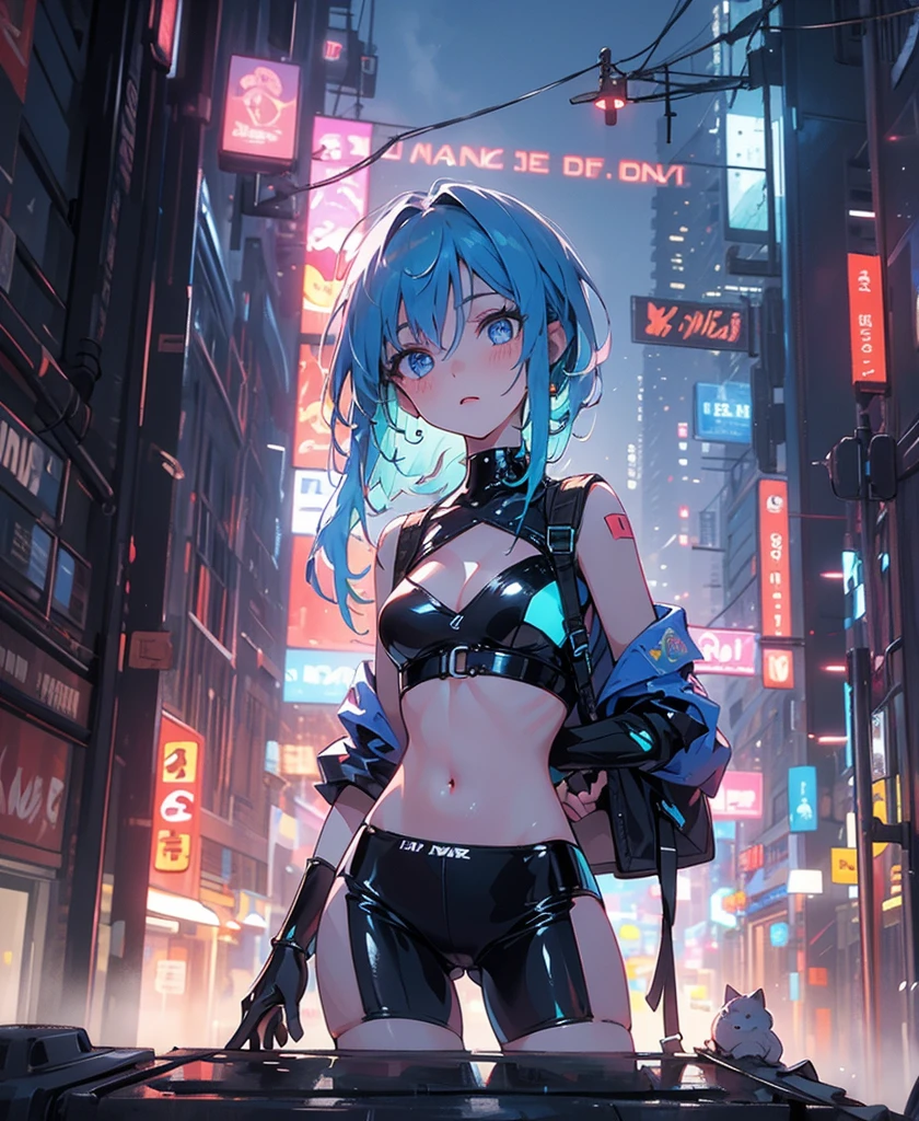 (masterpiece), (Highest quality), Ultra-high resolution, Sharp focus, ((1 female, alone)), whole body, Cyberpunk Theme, Beautiful detailed hair, Light blue hair, long hair hangs down, Beautifully detailed face, ((Beautifully shaped eyes, blue eyes)), Perfect feminine face, View your audience, Feminine navy blue patent leather cyberpunk outfit,refined armor, Brightly colored city neon lights, (At night:1.2),Large backpack