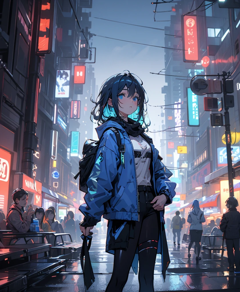 (masterpiece), (Highest quality), Ultra-high resolution, Sharp focus, ((1 female, alone)), whole body, Cyberpunk Theme, Beautiful detailed hair, Light blue hair, long hair hangs down, Beautifully detailed face, ((Beautifully shaped eyes, blue eyes)), Perfect feminine face, View your audience, Feminine navy blue patent leather cyberpunk outfit,refined armor, Brightly colored city neon lights, (At night:1.2),Large backpack