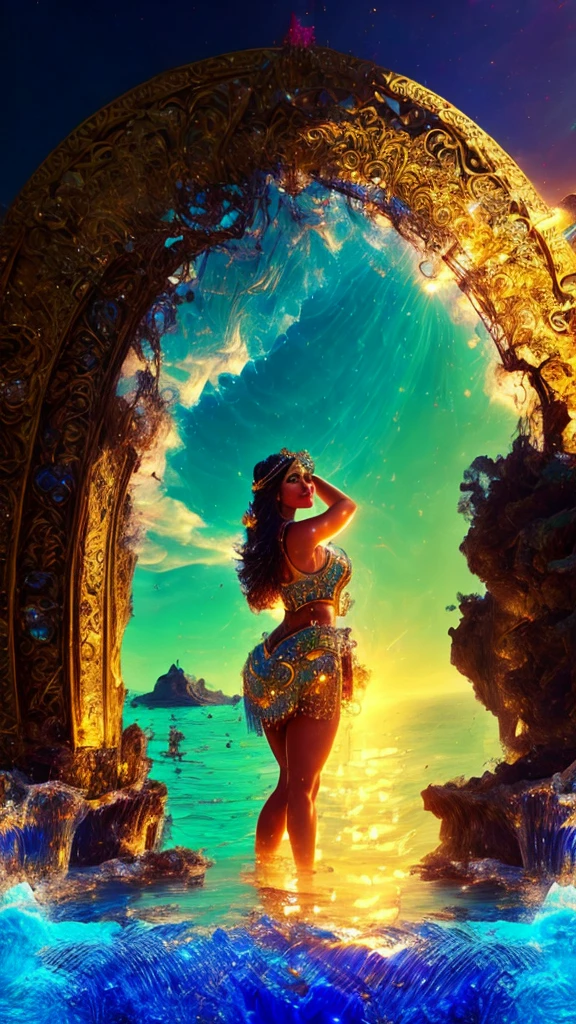 Full body pose, Latina, 40 years old Daisy Marie, 34dd's naturals, round firm butt, as a Egyptian Queen goddess with golden trimmed see-through body hugging skin-tight white dress, body silhouette seen under and ornated with Egyptian Royalty jewelry, masterpiece, best quality, highly detailed,  official art extremely detailed CG unity 8k wallpaper, 8k resolution, absurdres, full body, female, queen, goddess, idol, solo, makihitsuji, short eyebrows, V v-shaped eyebrows, gradient_eyes, tsurime, heart-shaped mouth, lipstick, 2D blush stickers, blush, jitome, naughty face, nose blush, smug, thinking, seductive smile, smirk, grin, hair over shoulder, long hair, hair between eye, braided bangs, blunt bangs, shiny hair, hair behind ear, crescent hair ornament, hair flower, hair rings, bracelet, drop earrings, puppet rings, sapphire brooch, jewelry, necklace, bangle, pendant, stud earrings, sunburst, hoop earrings, gauntlets, arm strap, skirt lift, lace trim, spaghetti strap, armlet, nail polish, make up, stain glass, mosaic background, colourful glass, ceiling window, water vapor, city, temple, stadium, fountain, standing, arched back, head tilt, leaning forward, hand on own stomach, hand to mouth, looking to the side, dramatic angle, stare, look at viewer, cocked eyebrow, castle, swimming pool, tunnel, in summer, sun, sky, meteor shower, hills, on a desert, plateau, cliff, canyon, oasis, waterfall, stream