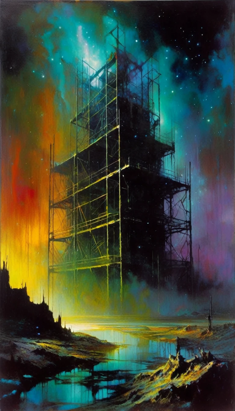 dead world theme, contaminated world, only metal structures remain as a memory, no vegetation, contaminated water, dark world, spectacular otherworldly sky (art inspired by Bill Sienkiewicz ). oil painting)
