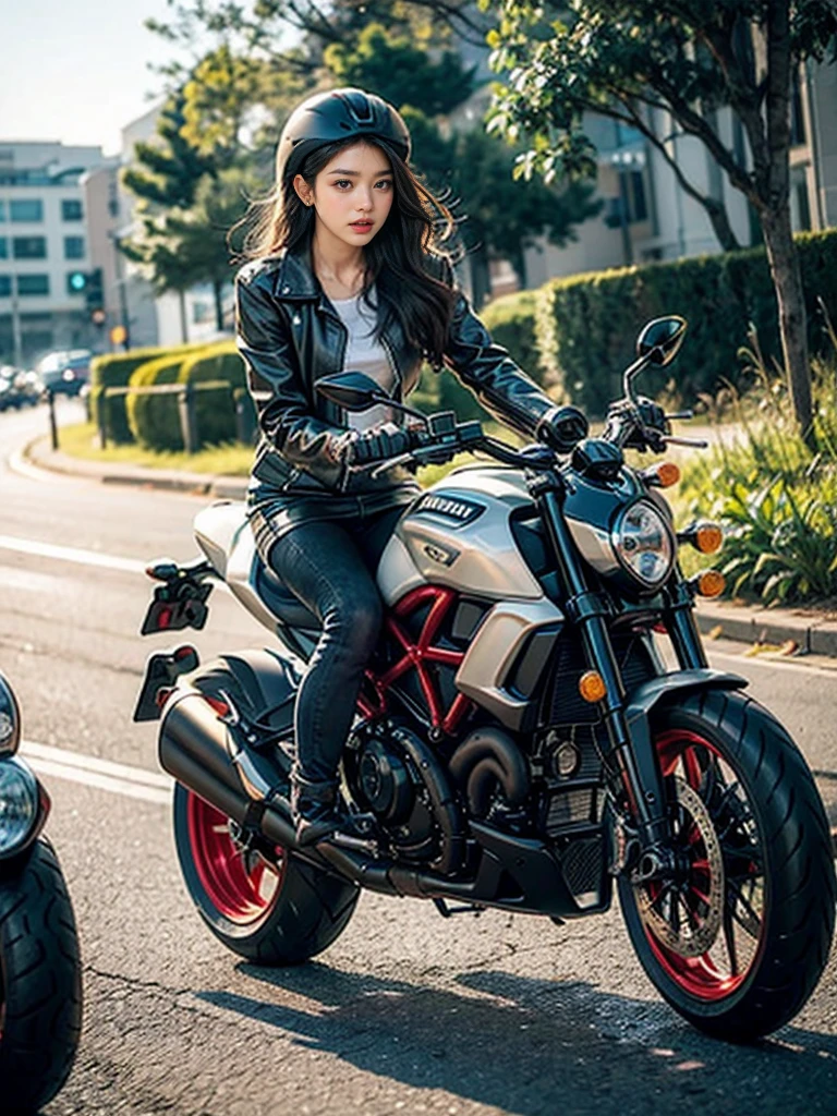 (Depth of field: 1.2), (Ray tracing: 1.2), ((Front facing)), ((Daylight)), Strong wind, Cowboy shot, BREAK, Big red bike speeding down the beach, ((big red bike: 1.2)), ((Large depiction of the bike:1.2)),  ((Large depiction of the bike:1.2)), DUCATI diavel v4, (left and right rearview mirror view: 1.3), right rearview mirror view, left rearview mirror view, big DUCATI diavel v4 , bikes, motorcycle displacements: big DUCATI diavel v4, big DUCATI diavel v4, big DUCATI diavel v4, BREAK, A girl in a white miniskirt driving a big red motorcycle, beautiful face, (front: 1.2), ((no Helmet)), ((no glasses)),BREAK, (White miniskirt: 1.2), Wearing a white miniskirt, No pants, BREAK, Red long-sleeved jacket, BREAK, white T-shirt, BREAK, Black gloves, perfect fingers, handle with both hands, BREAK, Beautiful legs, spread legs, perfect legs, ((not wearing pants)), straddling a bike, BREAK, (White boots: 1.2), BREAK, which does not mix boots and bikes, ((leaning forward)), leaning forward: 1.2, leaning forward, BREAK, ((holding both controllers with both hands: 1.2)), gripping the controller with both hands, gripping the steering wheel with both hands, BREAK, wind lifts my skirt, BREAK, Driving the big DUCATI diavel v4, Riding the big DUCATI diavel v4, How to ride the big DUCATI diavel v4, BREAK, beach, sea, sand, palm trees, break,