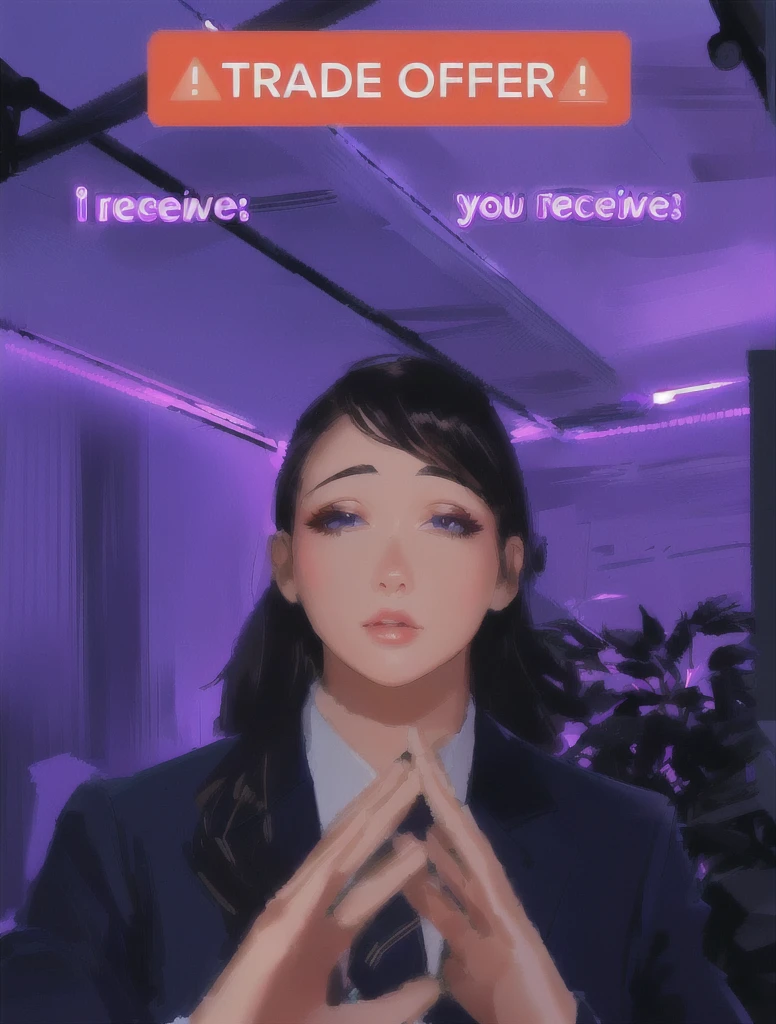 there is a woman in a suit and tie making a face, blacklight reacting, twitch streamer, very very low quality picture, his palms are sweaty, looking into camera, plump lips