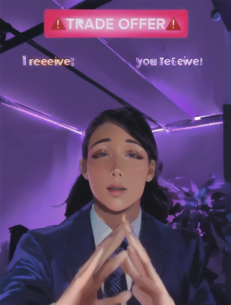 there is a woman in a suit and tie making a face, blacklight reacting, twitch streamer, very very low quality picture, his palms are sweaty, looking into camera, plump lips